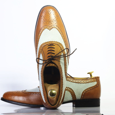 Handmade brown & white wing tip brogue lace up leather shoes for men's - Thumbnail 3