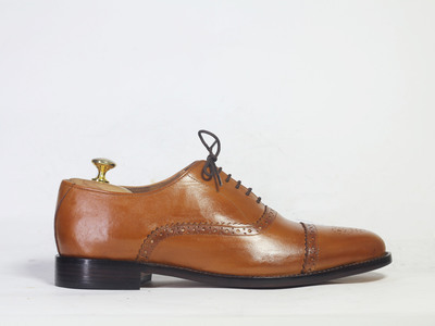 Handmade Tan Cap Toe Lace Up Leather Shoes For Men's