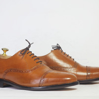 Handmade Tan Cap Toe Lace Up Leather Shoes For Men's - Thumbnail 2