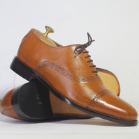 Handmade Tan Cap Toe Lace Up Leather Shoes For Men's - Thumbnail 1