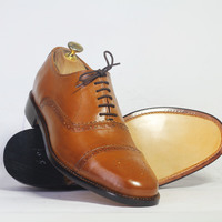 Handmade Tan Cap Toe Lace Up Leather Shoes For Men's - Thumbnail 4