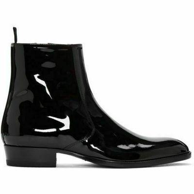 Mens leather boot handmade black chelsea patent leather sole side zipper boots - Thumbnail 5