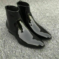 Mens Leather Boot Handmade Black Chelsea Patent Leather Sole Side Zipper boots - Thumbnail 1