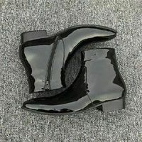 Mens Leather Boot Handmade Black Chelsea Patent Leather Sole Side Zipper boots - Thumbnail 2