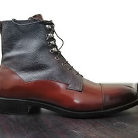Black Brown Color Lace Up High Ankle Superior Leather Burnished Cap Toe Men Boot - Thumbnail 4