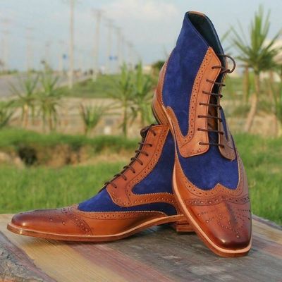 Handmade chukka boot in blue and tan combination for men, leather boot men - Thumbnail 5