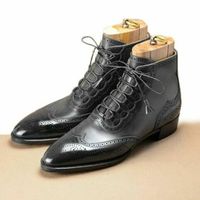 Elegant Handmade Men’s Ankle High Leather Wing Tip Brogue Boots, Men’s Black - Thumbnail 4