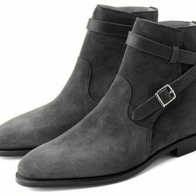 New men's gray two tone suede leather high ankle rounded buckle strap men boots - Thumbnail 4