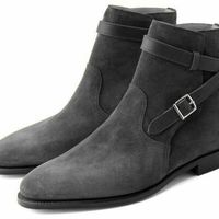 New Men's Gray Two Tone Suede Leather High Ankle Rounded Buckle Strap Men Boots - Thumbnail 1