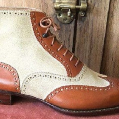 Two tone beige brown contrast brogue wingtip high ankle vintage leather boots - Thumbnail 4