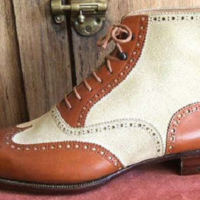 Two Tone Beige Brown Contrast Brogue Wingtip High Ankle Vintage Leather Boots - Thumbnail 4
