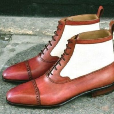 White maroon two tone pointed cap toe lace up high ankle superior leather boots - Thumbnail 3