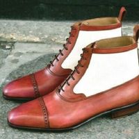 White Maroon Two Tone Pointed Cap Toe Lace Up High Ankle Superior Leather Boots - Thumbnail 4