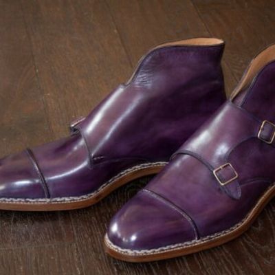 Handmade men’s purple color monk strep boots, leather high ankle boots - Thumbnail 5