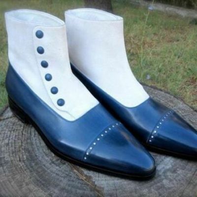 Hand stitched mens cap toe white blue button top boots - Thumbnail 5