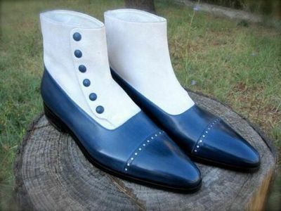 Hand Stitched Mens Cap Toe White Blue Button Top Boots