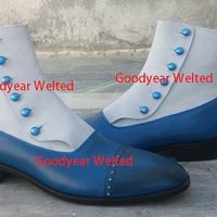 Hand Stitched Mens Cap Toe White Blue Button Top Boots - Thumbnail 1