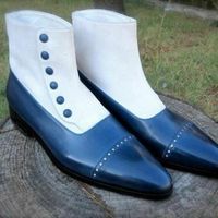 Hand Stitched Mens Cap Toe White Blue Button Top Boots - Thumbnail 4