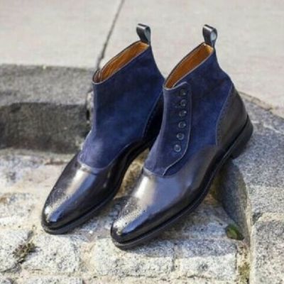 Handmade blue suede and black leather button boots for men, men ankle boots, - Thumbnail 5