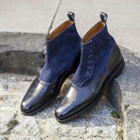 Handmade Blue Suede and Black Leather Button Boots for Men, Men Ankle Boots, - Thumbnail 4