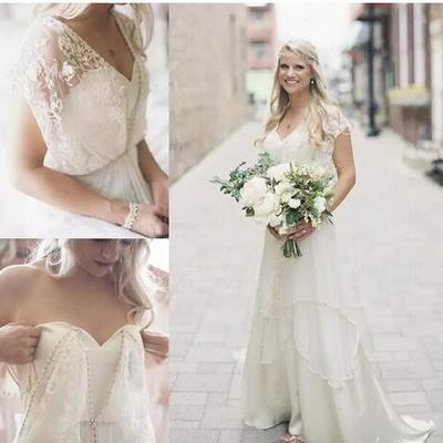 Summer bohemian wedding dresses cheap sheer neck appliques backless boho chiffon beach beaded wedding dress long bridal gowns，407 - Thumbnail 5