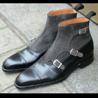 Genuine Vintage Gray Black Straps High Ankle Leather Cap Toe Men Monk Boots - Thumbnail 4
