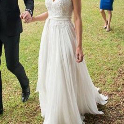 New arrival cap sleeve lace bodice beach wedding dress with a sash,408 - Thumbnail 5