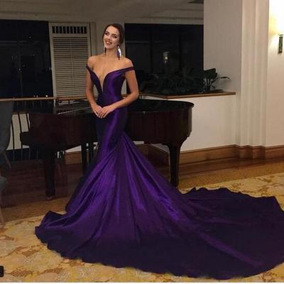 Purple mermaid prom dresses off the shoulder satin evening formal gowns chapel train,409