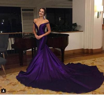 Purple Mermaid Prom Dresses Off the Shoulder Satin Evening Formal Gowns Chapel Train,409