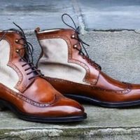 Handmade Dark Tan Leather and Beige Suede Lace up Ankle Boots for Men - Thumbnail 4