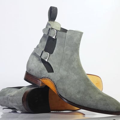 Handmade men's grey color suede ankle high double buckle chelsea boots - Thumbnail 3