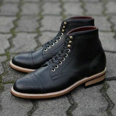 New handmade men's black cap toe brogue lace up boots - Thumbnail 4