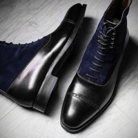 Handmade Men Blue Suede and Black Leather Boots for Men, Men Ankle Lace up Boot - Thumbnail 1