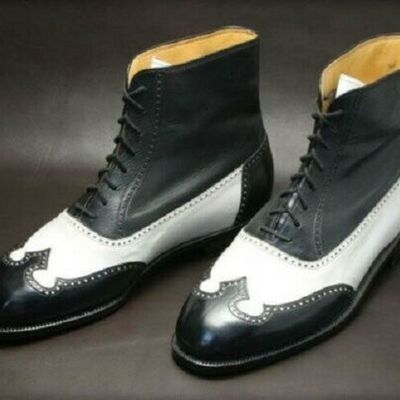 New men's handmade pure black & white leather ankle boots for men's - Thumbnail 5