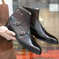 Mens Handmade Boots Brown Triple Monk Leather Ankle Formal Wear Casual Shoes New - Thumbnail 4