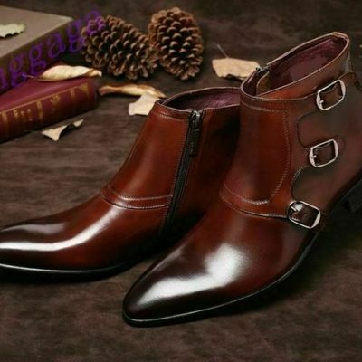 Men's handmade boots brown triple monk leather ankle formal wear casual shoes - Thumbnail 4