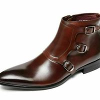 Men's Handmade Boots Brown Triple Monk Leather Ankle Formal Wear Casual Shoes - Thumbnail 1