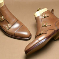 Custom Handmade Men's Simple 3 Monk Straps Leather Boots, leather boots for men - Thumbnail 1