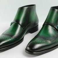 Mens Handmade Army Double Monk Straps with Brogues Leather Boots, Men footwear - Thumbnail 4