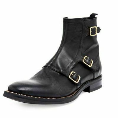 Men handmade black triple monk boots high quality pure leather shoes for men - Thumbnail 4