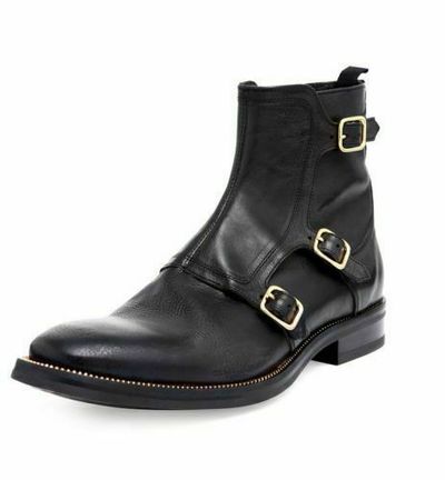 MEN HANDMADE BLACK TRIPLE MONK BOOTS HIGH QUALITY PURE LEATHER SHOES FOR MEN