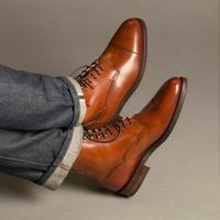 Tan Color casual Leather ankle boots, Men Tan cap toe boots, Men's ankle boots - Thumbnail 4