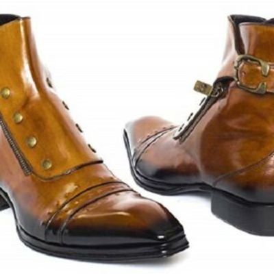 Men's tan leather cognac hand patina ankle high boot tan leather dual zipper - Thumbnail 5