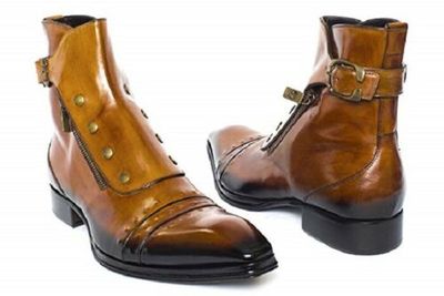 Men's tan leather cognac hand patina ankle high boot tan leather dual zipper