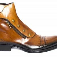 Men's tan leather cognac hand patina ankle high boot tan leather dual zipper - Thumbnail 1