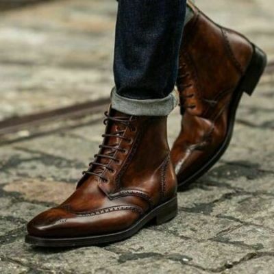 Men's handmade brown ankle boots, stylish boots for men casual stylish boots - Thumbnail 3