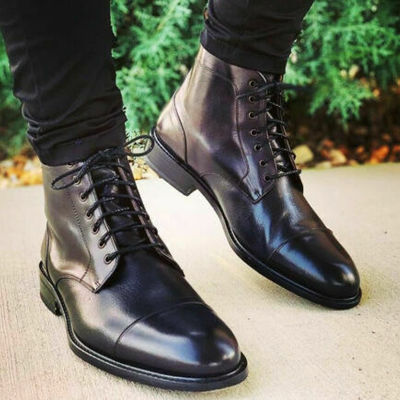 Handmade mens cap toe leather dress boots, men black leather ankle boots - Thumbnail 4