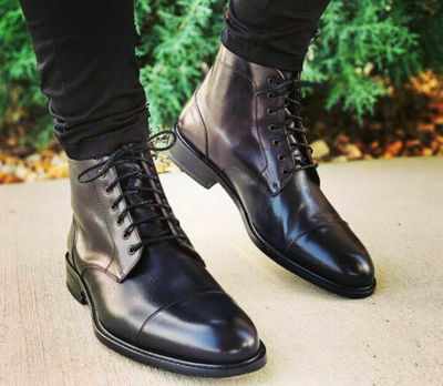 Handmade Mens Cap toe Leather Dress boots, Men black leather Ankle boots