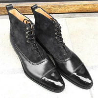 Handmade Black Leather Suede Lace Up Boot, Men's Ankle High Cap Toe Boot - Thumbnail 4