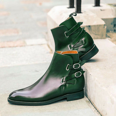 Handmade men's ankle high boot, men's green color leather buckle casual boot. - Thumbnail 4